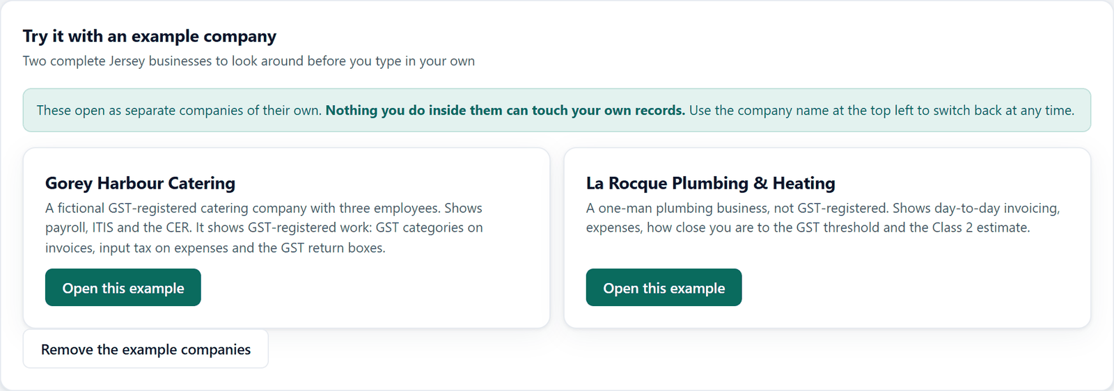 The panel offering the two example companies, with a button under each one.