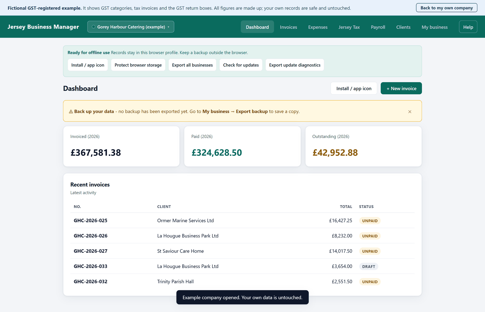 The dashboard of the catering example, showing amounts invoiced, paid and outstanding, and a list of recent invoices.
