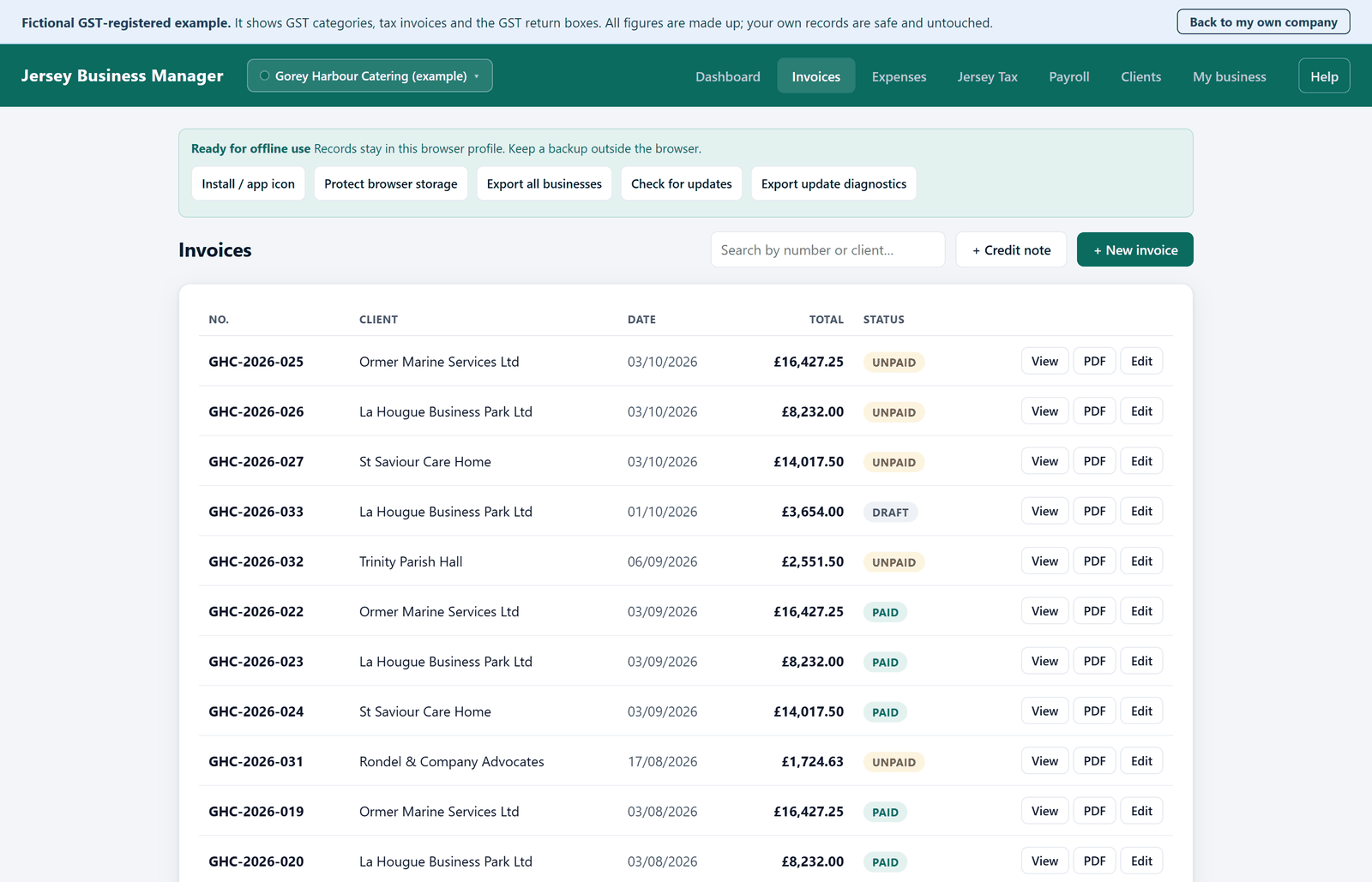The invoice list, newest first, with View, PDF and Edit beside each one.