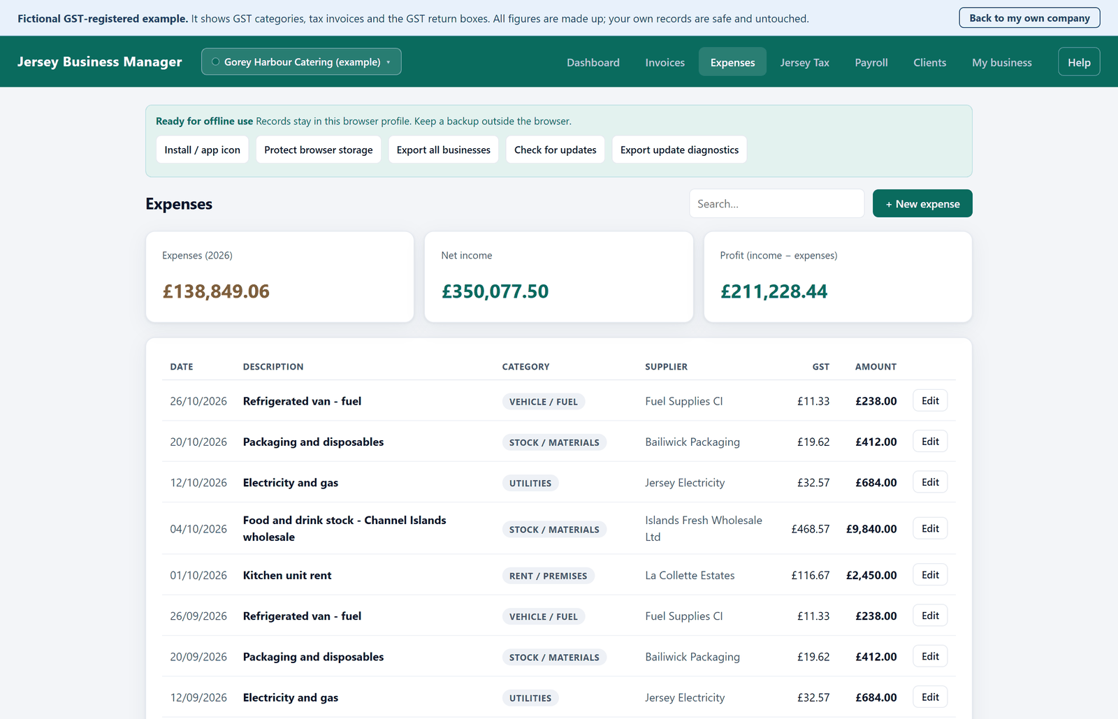 The expenses screen showing a list of dated purchases with amounts, categories and suppliers.