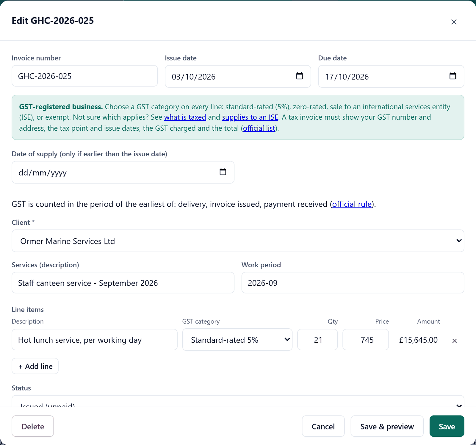The new invoice window, with the customer, dates, description and three priced lines filled in.