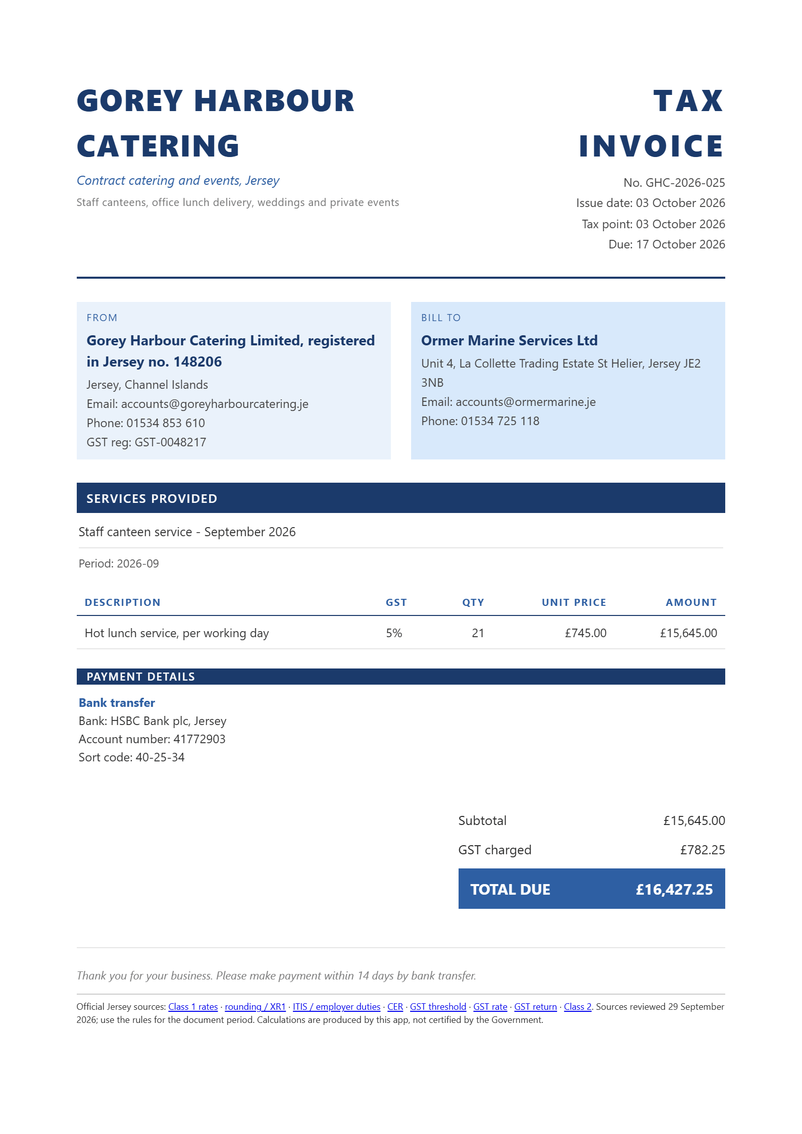 A finished tax invoice for the catering example company, ready to print or save as PDF.