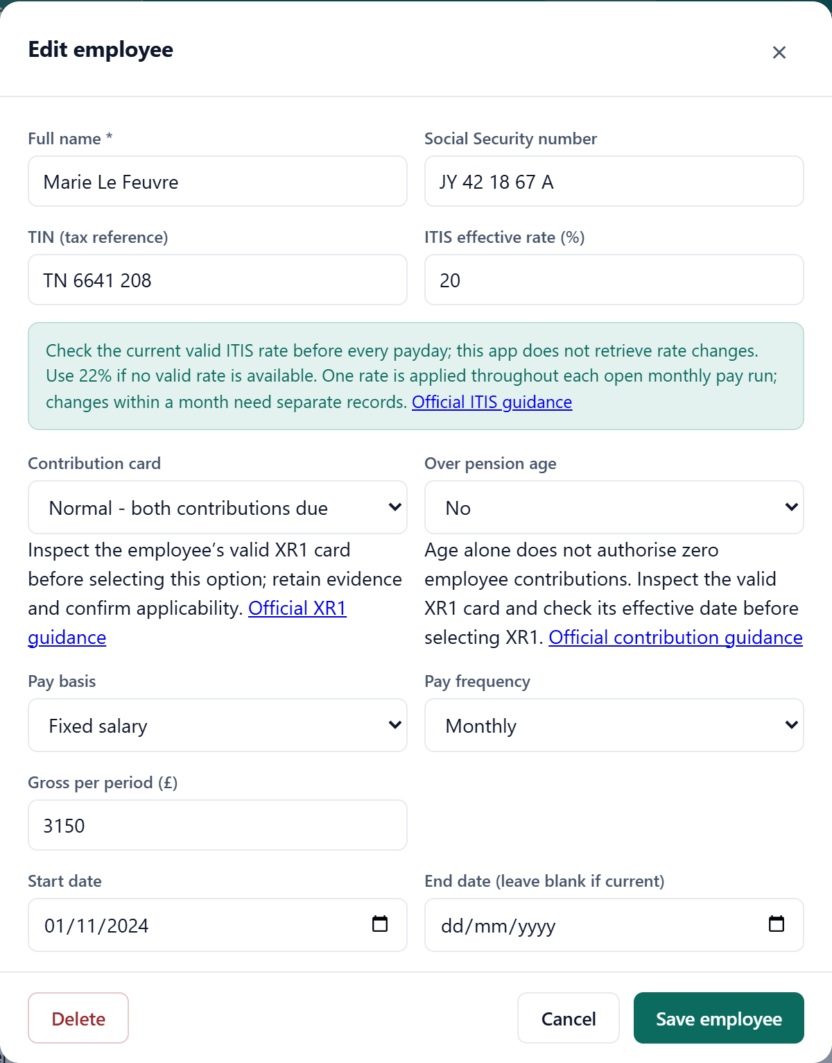 The employee window with name, Social Security number, tax reference, ITIS rate, pay basis and start date.