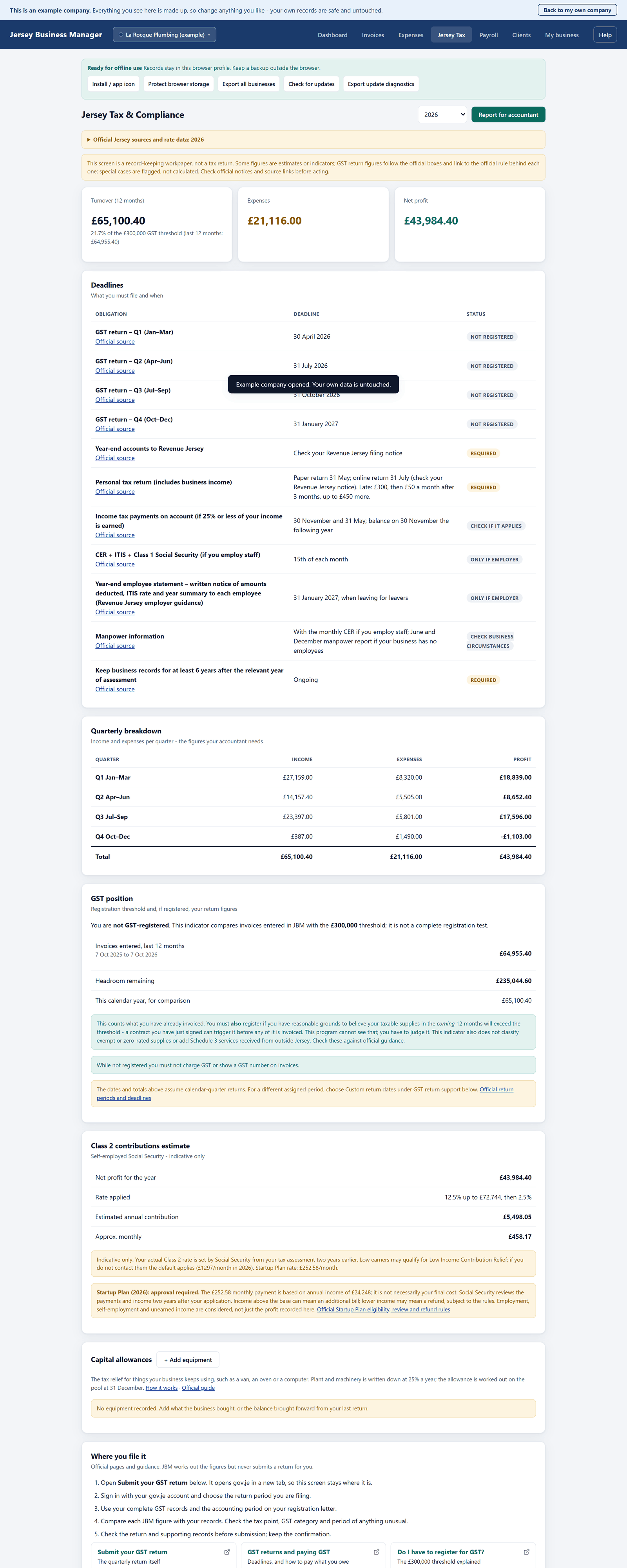 The Jersey Tax screen showing turnover against the GST threshold, a list of filing deadlines, a quarterly breakdown and a Class 2 contributions estimate.