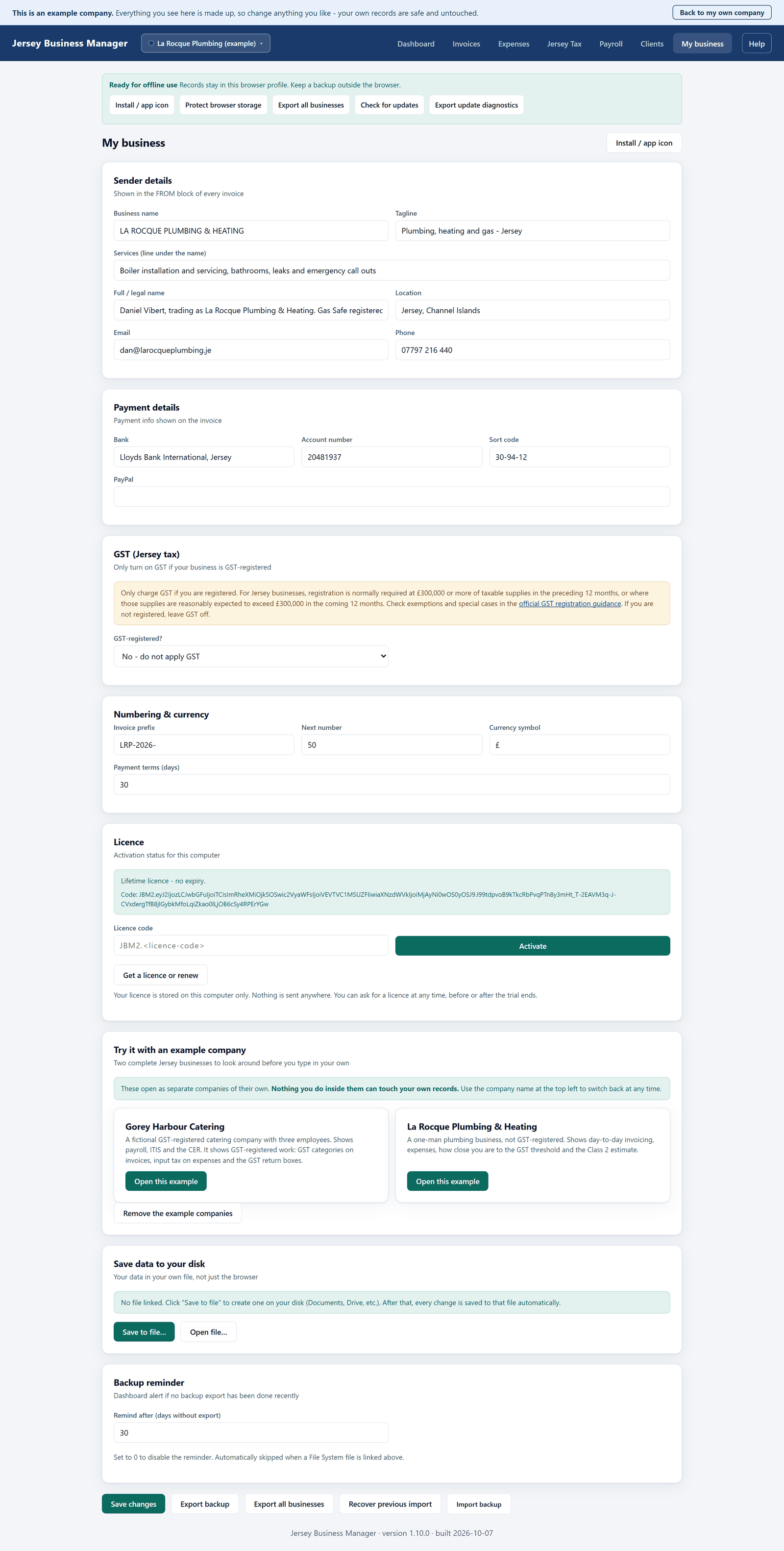 The My business screen, showing boxes for the business name, contact details, GST setting, invoice numbering and the licence.